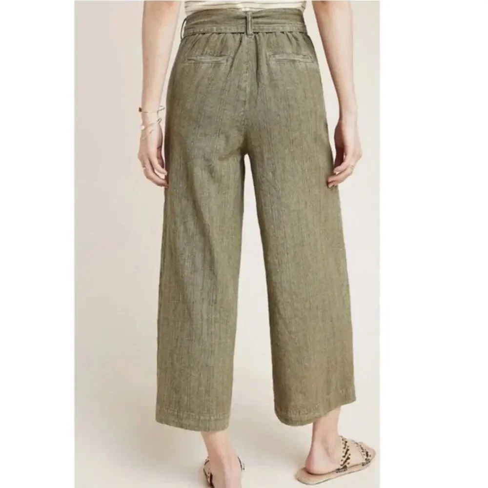 Anthropologie Olive Green Linen Blend Tie Waist Wide Leg Crop Pants Small ✨ 🫒🌿 - Picture 4 of 16